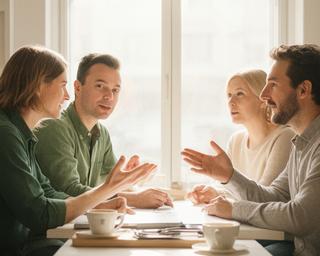 Café-Team im Gespräch über Dienstpläne an einem hellen Fensterplatz