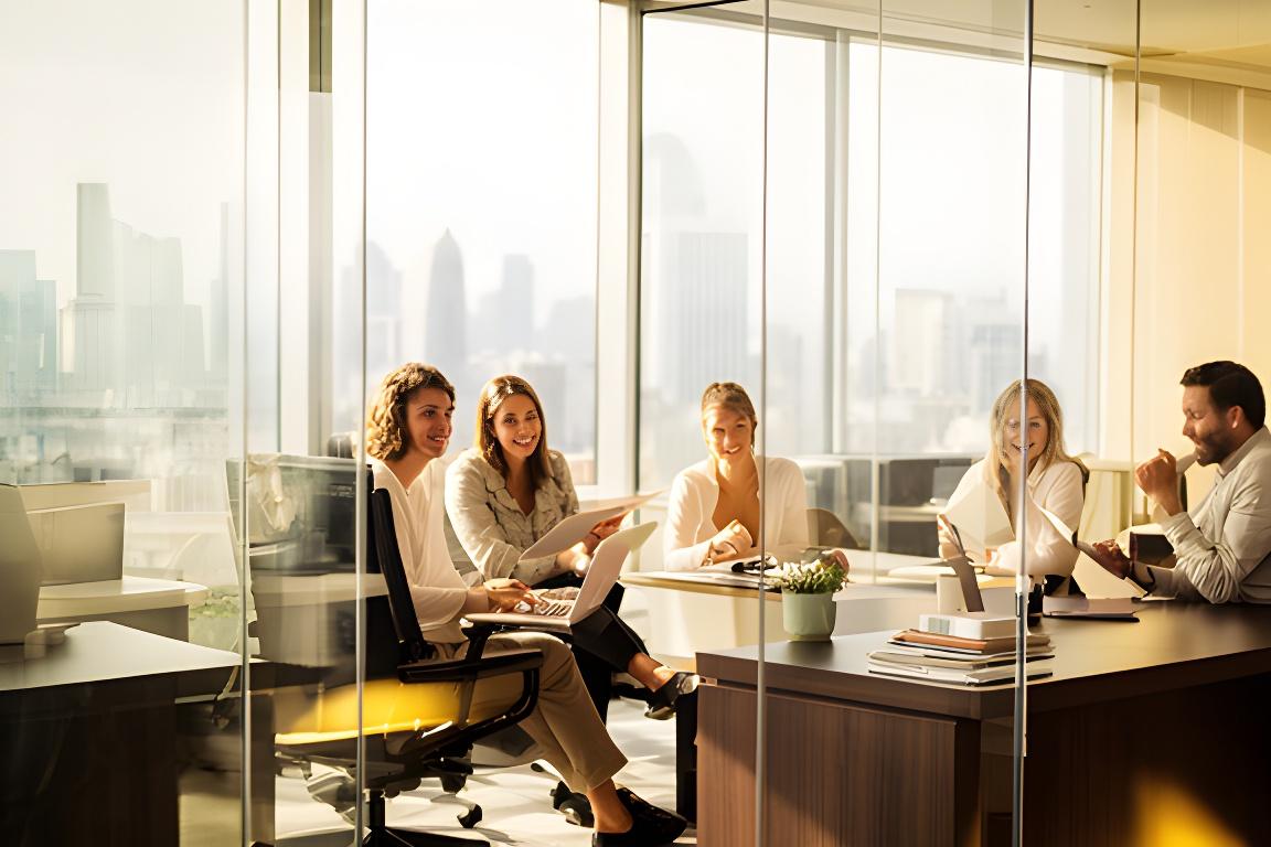 Beratungsteam in einem hellen Wiener Büro mit Glaswänden und Blick über die Stadt