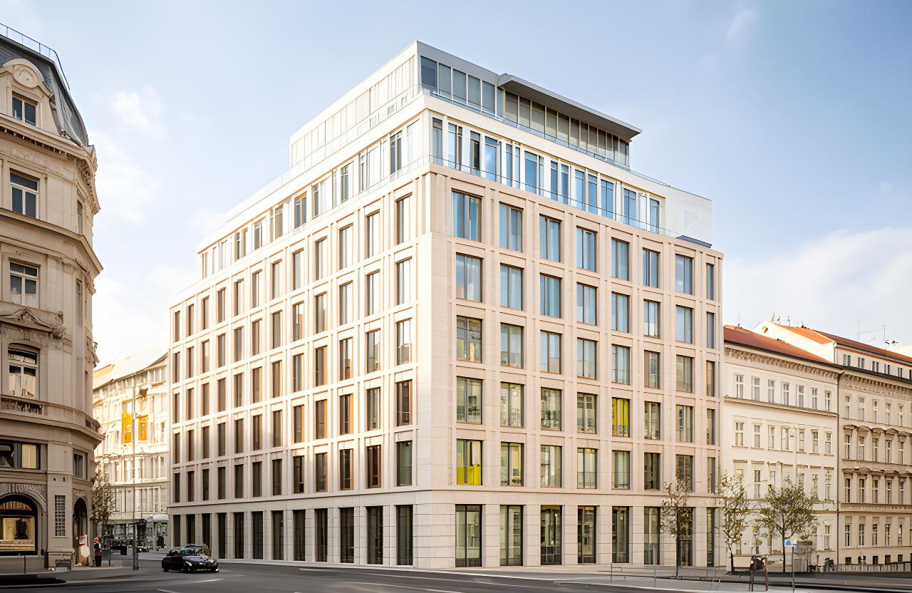 Aussenansicht der Nordbahnlände in Wien mit modernem Bürocharakter und ruhiger Stadtszene