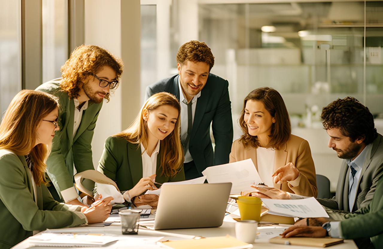Team von TalentPoint Consulting in einem hellen Wiener Büro an der Nordbahnlände mit Laptop, Notizen und konzentrierter Gesprächssituation