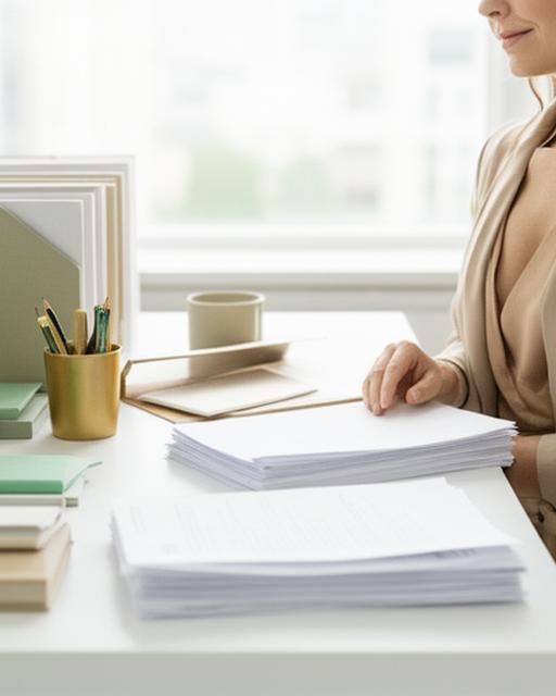 HR-Compliance-Berater an einem hellen Arbeitsplatz mit Dokumenten und klarem, strukturiertem Setup