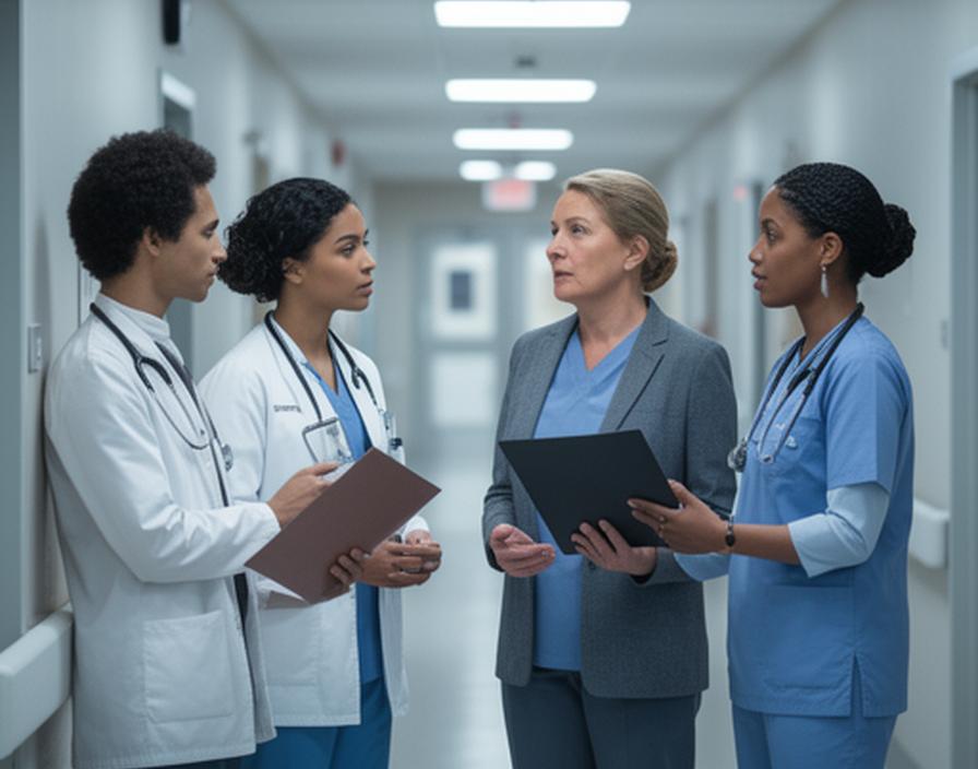 Diverse Pflegekräfte und Führungspersonen in einem Klinikflur mit ruhiger Gesprächssituation und Dokumentenmappe